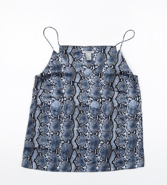 H&M Womens Blue Animal Print Polyester Camisole Tank Size 8 V-Neck - Snake Skin Print