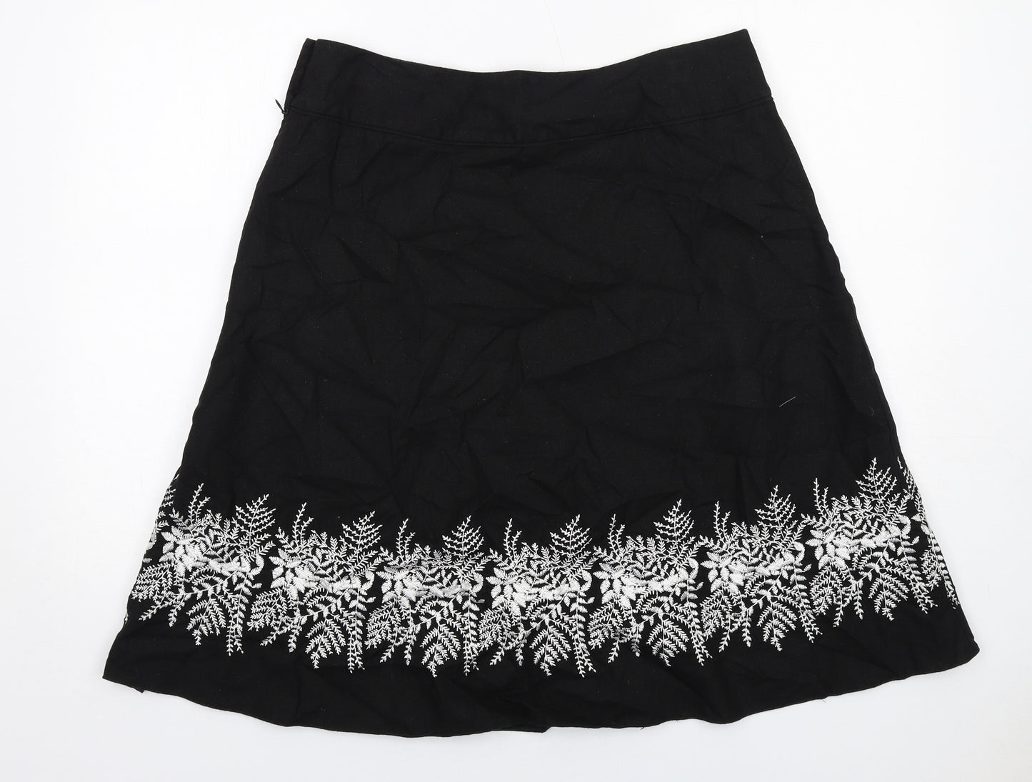 M&Co Womens Black Floral Linen Swing Skirt Size 16 Zip