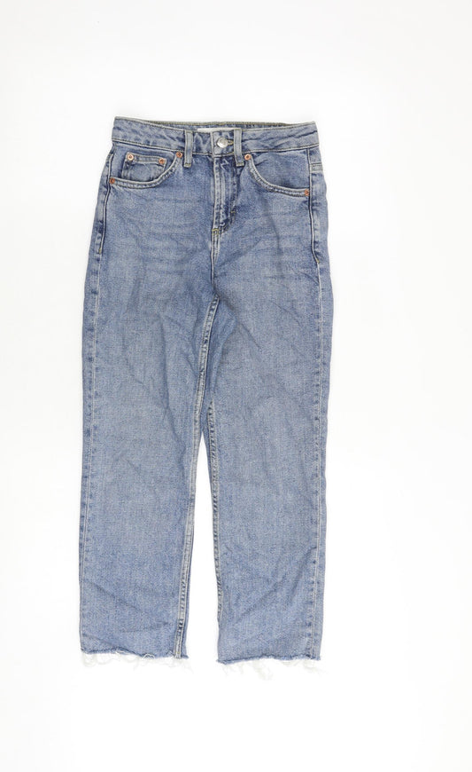 Topshop Womens Blue Cotton Straight Jeans Size 24 in L28 in Regular Zip - Frayed Hem
