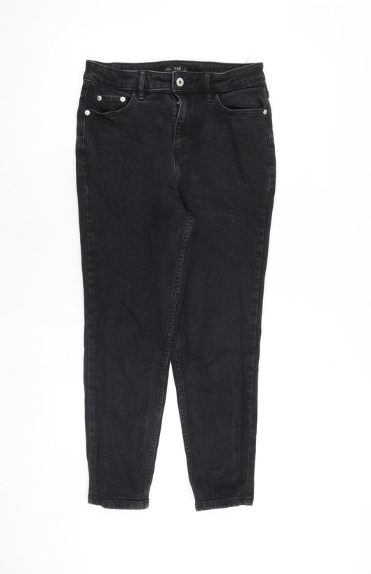 F&F Womens Black Cotton Tapered Jeans Size 8 Regular Zip