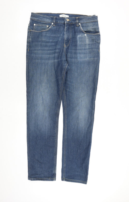 Reiss Mens Blue Cotton Straight Jeans Size 32 in Regular Zip