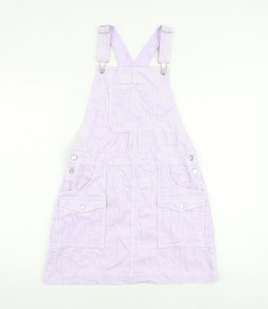 Marks and Spencer Girls Purple 100% Cotton Pinafore/Dungaree Dress Size 13-14 Years Square Neck Buckle - Pinafore