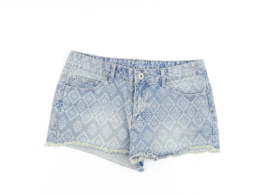 George Womens Blue Geometric 100% Cotton Cut-Off Shorts Size 10 Regular Zip - Raw Hem