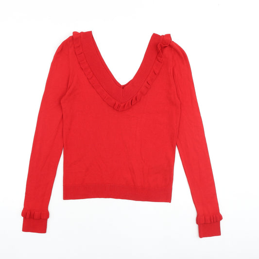Marks and Spencer Womens Red V-Neck Viscose Pullover Jumper Size 8