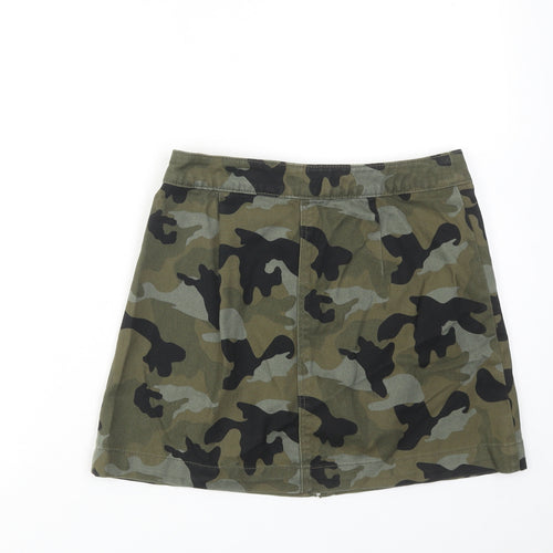 H&M Womens Green Camouflage Cotton Mini Skirt Size 8 Zip