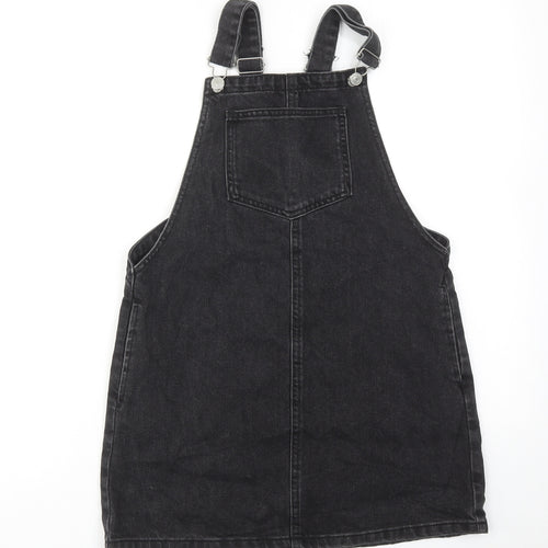 Topshop Womens Black Cotton Pinafore/Dungaree Dress Size 8 Square Neck Buckle