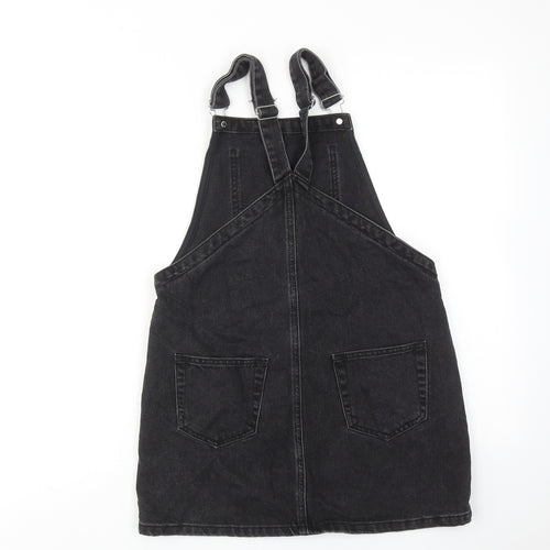 Topshop Womens Black Cotton Pinafore/Dungaree Dress Size 8 Square Neck Buckle