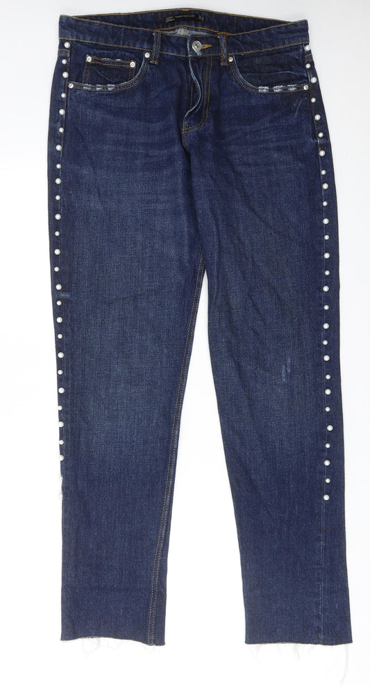 Zara Womens Blue Cotton Straight Jeans Size 12 Regular Zip - Pearl Detail