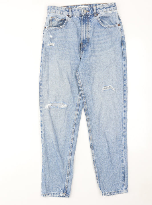 Zara Womens Blue Cotton Tapered Jeans Size 8 Regular Zip