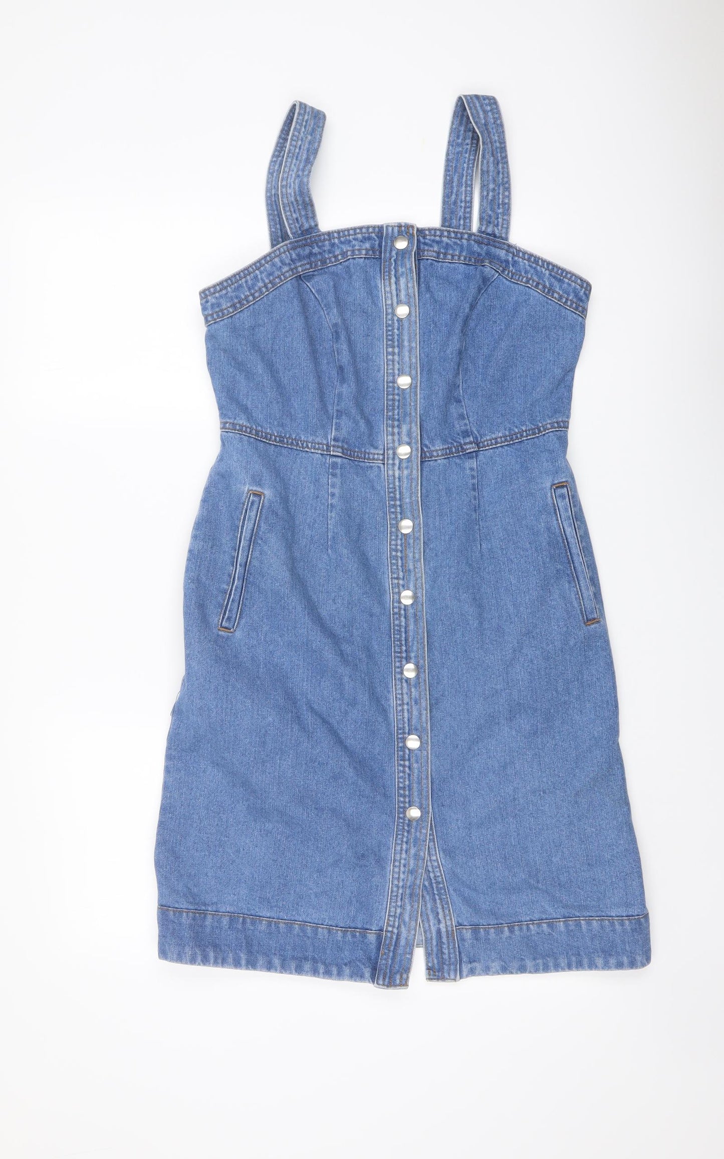 TU Womens Blue Cotton Pinafore/Dungaree Dress Size 10 Square Neck Snap