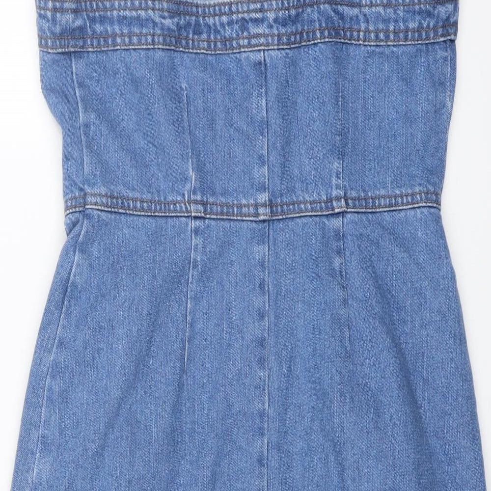 TU Womens Blue Cotton Pinafore/Dungaree Dress Size 10 Square Neck Snap