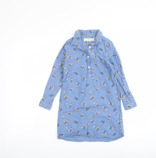 H&M Girls Blue Floral Cotton Shirt Dress Size 5-6 Years Collared Button
