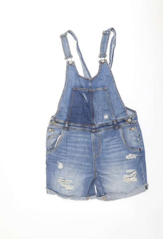 Zara Womens Blue Cotton Dungaree One-Piece Size S Buckle - Distressed Look