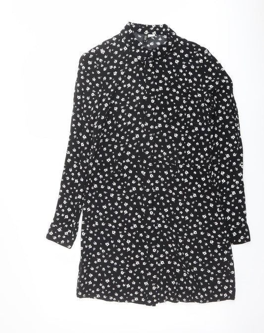 H&M Womens Black Floral Viscose Shirt Dress Size 8 Collared Button