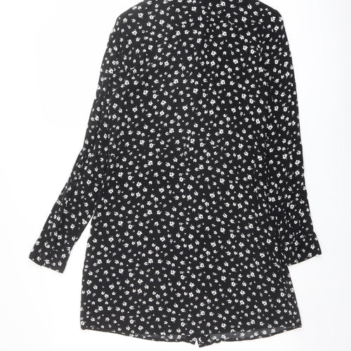 H&M Womens Black Floral Viscose Shirt Dress Size 8 Collared Button