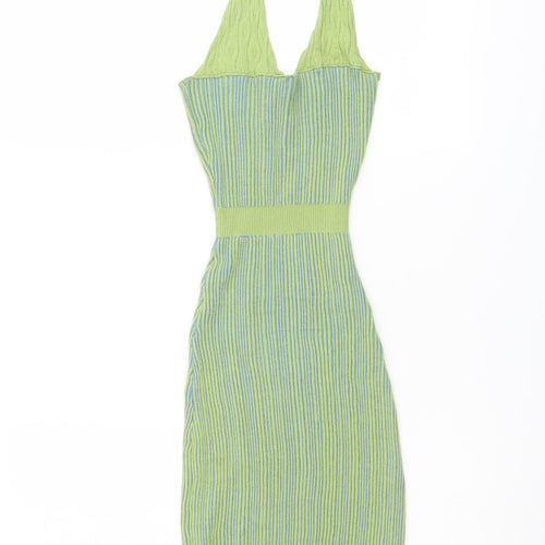 PRETTYLITTLETHING Womens Green Striped Viscose Bodycon Size 6 Halter Pullover
