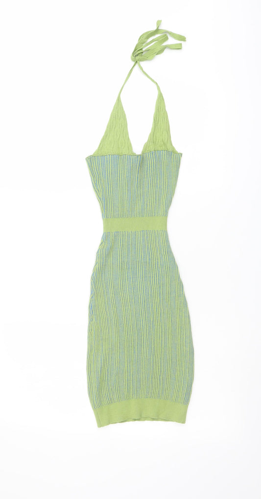 PRETTYLITTLETHING Womens Green Striped Viscose Bodycon Size 6 Halter Pullover