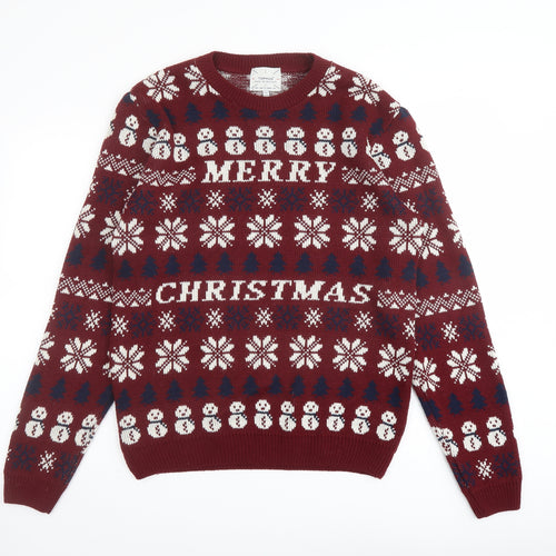 Topman Mens Red Round Neck Fair Isle Acrylic Pullover Jumper Size L Long Sleeve - Merry Christmas