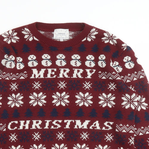 Topman Mens Red Round Neck Fair Isle Acrylic Pullover Jumper Size L Long Sleeve - Merry Christmas