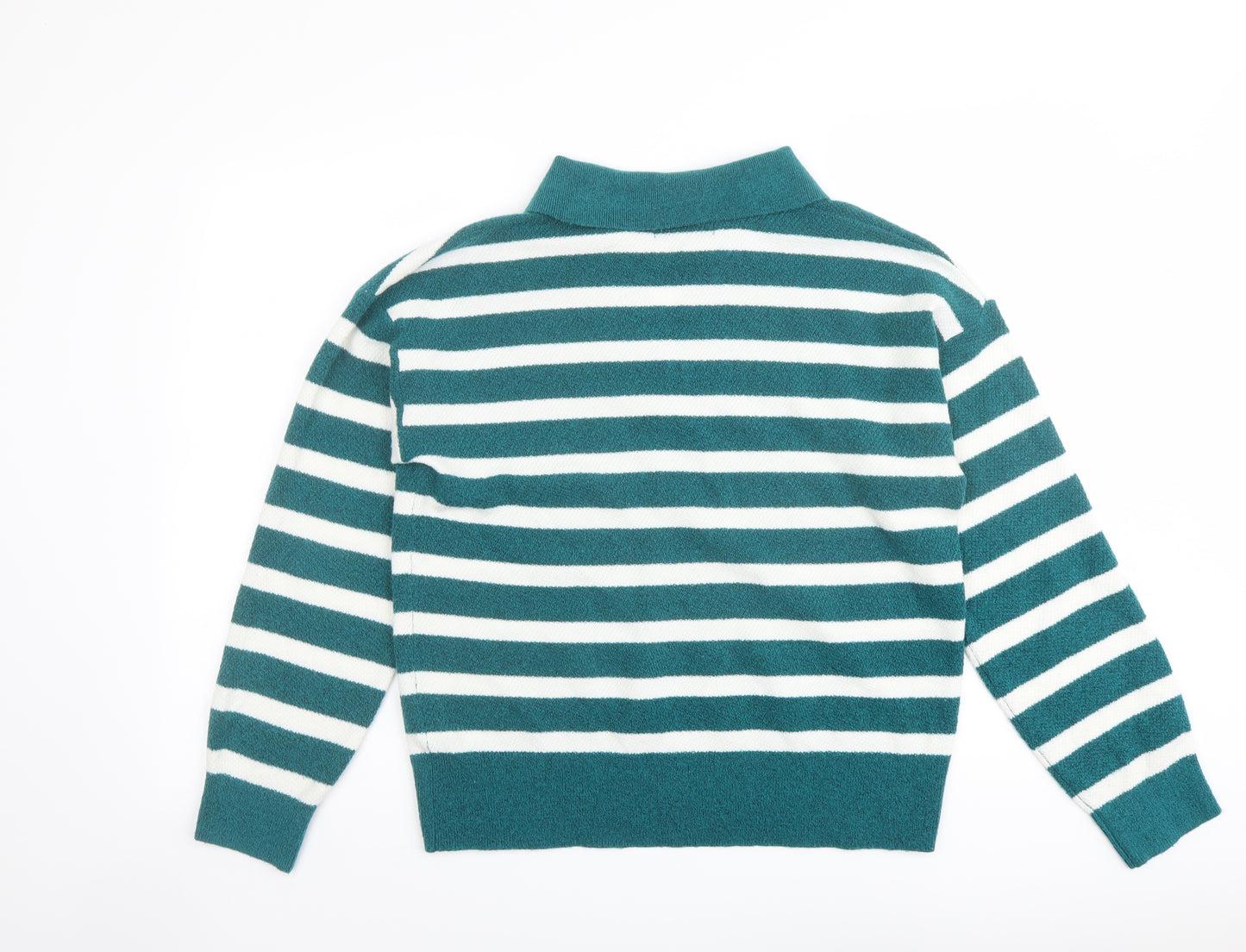 Marks and Spencer Womens Green Collared Striped Polyester Pullover Jumper Size M