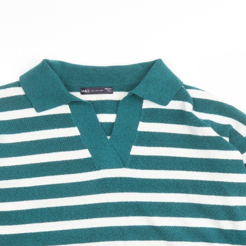 Marks and Spencer Womens Green Collared Striped Polyester Pullover Jumper Size M