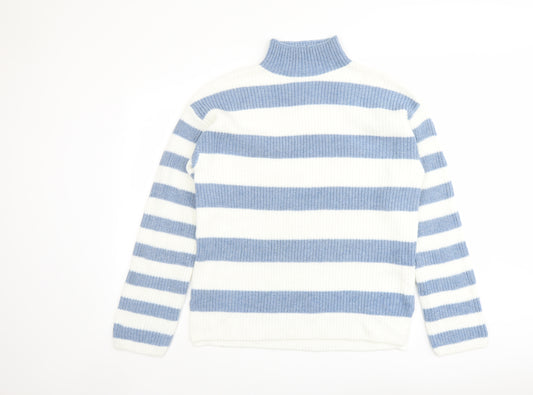 Marks and Spencer Womens Blue High Neck Striped Polyester Pullover Jumper Size M