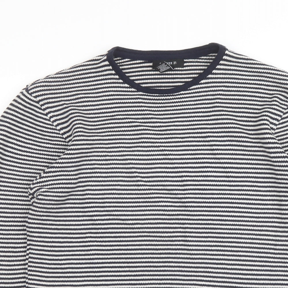 FOREVER 21 Mens Blue Striped Polyester T-Shirt Size S Round Neck