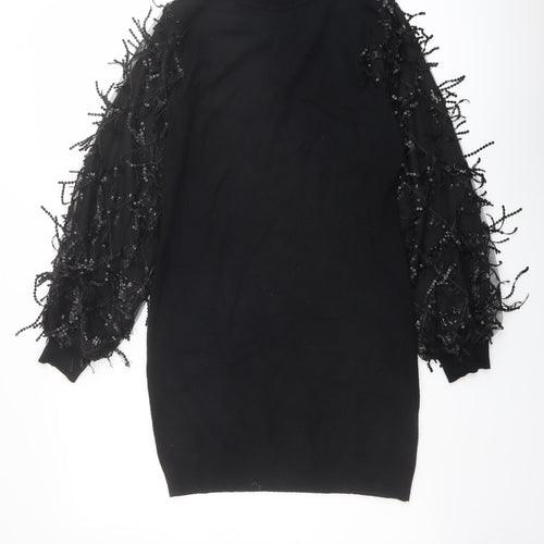 Quiz Womens Black Viscose Mini Size S Mock Neck Pullover - Embellished Sleeves