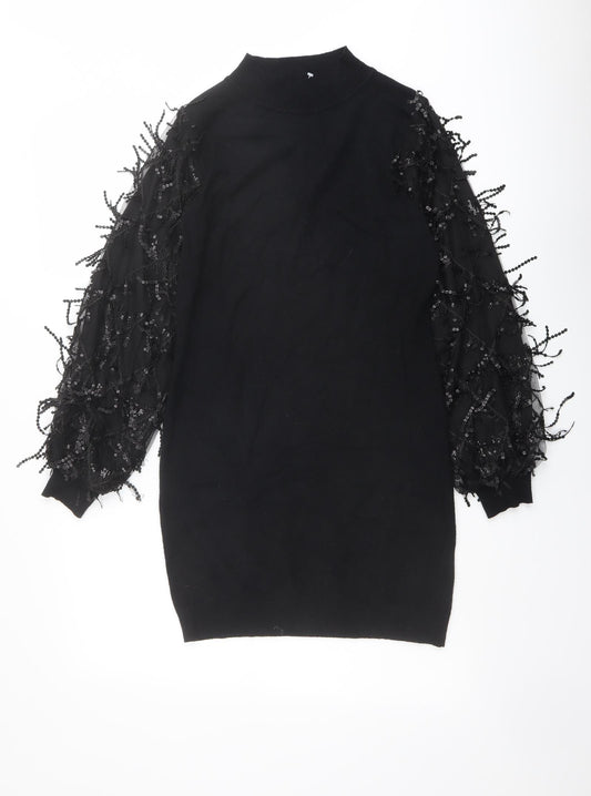 Quiz Womens Black Viscose Mini Size S Mock Neck Pullover - Embellished Sleeves