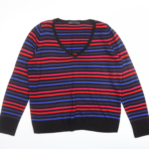 Marks and Spencer Womens Multicoloured V-Neck Striped Acrylic Pullover Jumper Size 14