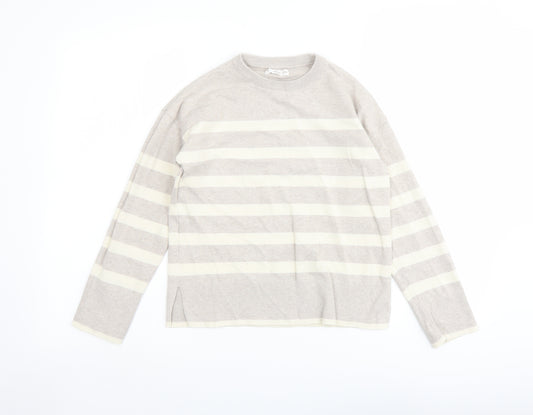 Mango Girls Beige Round Neck Striped Acrylic Pullover Jumper Size 9-10 Years Pullover