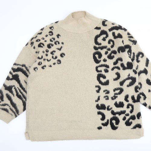 Topshop Womens Beige Mock Neck Animal Print Acrylic Pullover Jumper Size M - Leopard Tiger Pattern