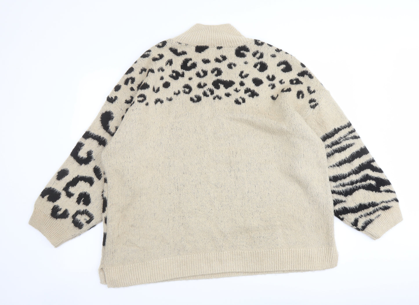 Topshop Womens Beige Mock Neck Animal Print Acrylic Pullover Jumper Size M - Leopard Tiger Pattern