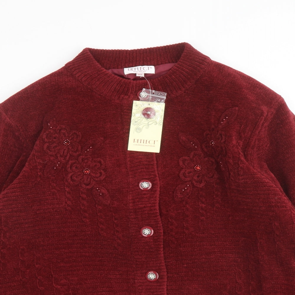 Reflect Womens Red Round Neck Acrylic Cardigan Jumper Size M - Size M-L flower detail