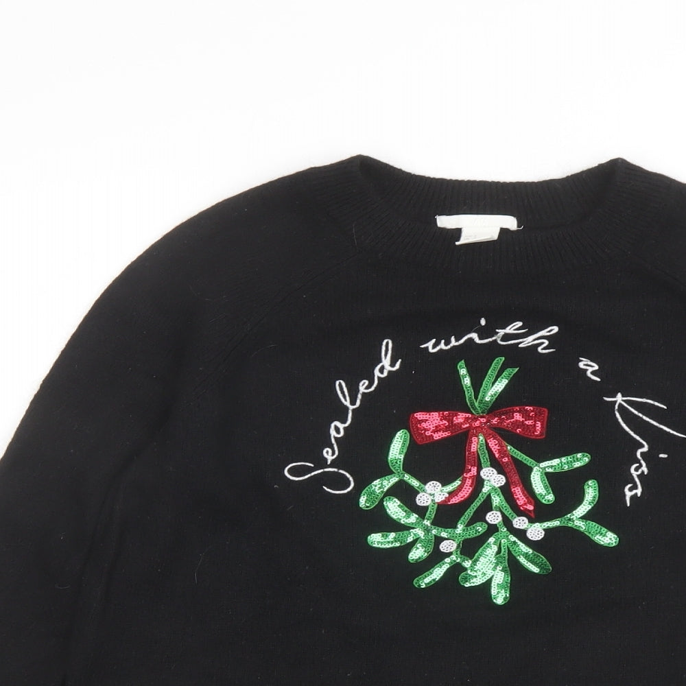 H&M Womens Black Round Neck Polyamide Pullover Jumper Size S - Christmas Sealed with a kiss
