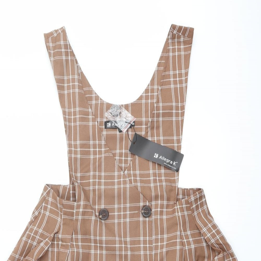 Allegra K Womens Beige Plaid Polyester Pinafore/Dungaree Dress Size S V-Neck Pullover