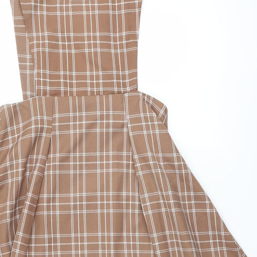 Allegra K Womens Beige Plaid Polyester Pinafore/Dungaree Dress Size S V-Neck Pullover