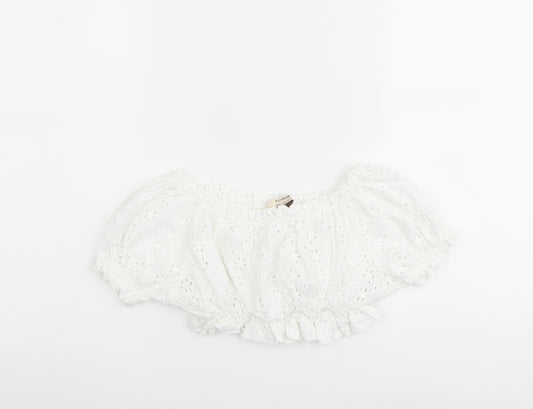 Pull&Bear Womens White Cotton Cropped Blouse Size S Off the Shoulder - Broderie Anglaise