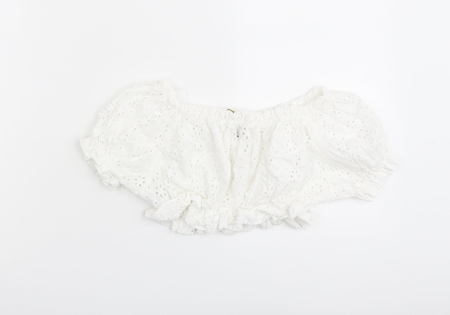 Pull&Bear Womens White Cotton Cropped Blouse Size S Off the Shoulder - Broderie Anglaise