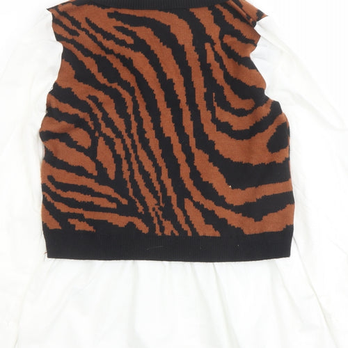 QED London Womens Multicoloured Collared Animal Print Viscose Pullover Jumper Size M - Tiger Pattern
