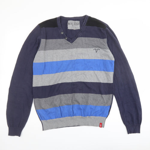 Esprit Mens Blue Square Neck Striped Cotton Pullover Jumper Size L Long Sleeve
