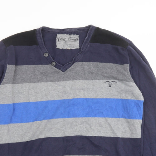 Esprit Mens Blue Square Neck Striped Cotton Pullover Jumper Size L Long Sleeve