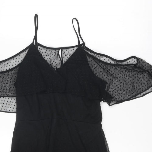 River Island Womens Black Polka Dot Polyester A-Line Size 10 Round Neck Zip - Cold shoulder