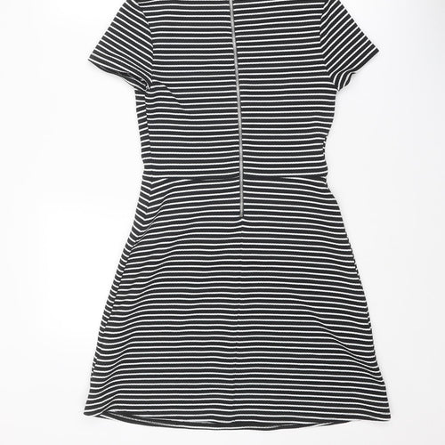 New Look Womens Black Striped Polyester Shift Size 10 Round Neck Zip