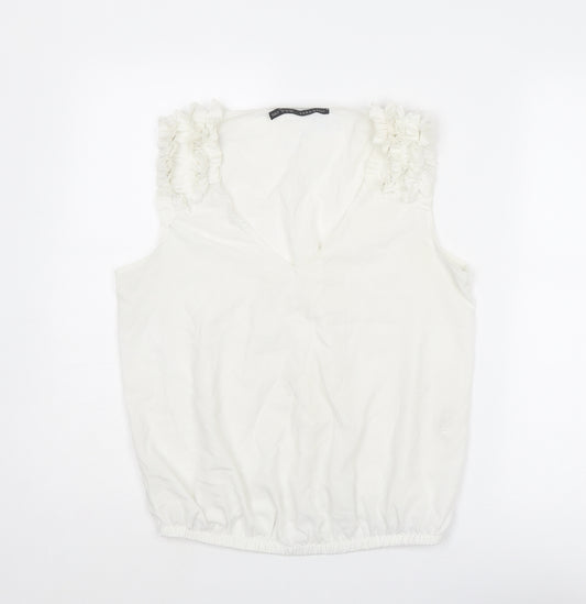 Zara Womens White Polyester Basic Tank Size M V-Neck