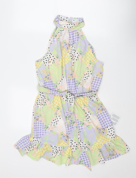 ASOS Womens Multicoloured Geometric Polyester Skater Dress Size 10 Halter Button