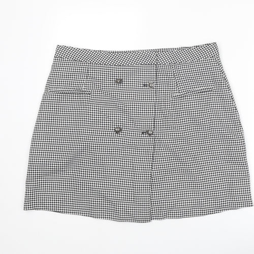 NEXT Womens Black Geometric Polyester A-Line Skirt Size 36 in Button - Houndstooth pattern