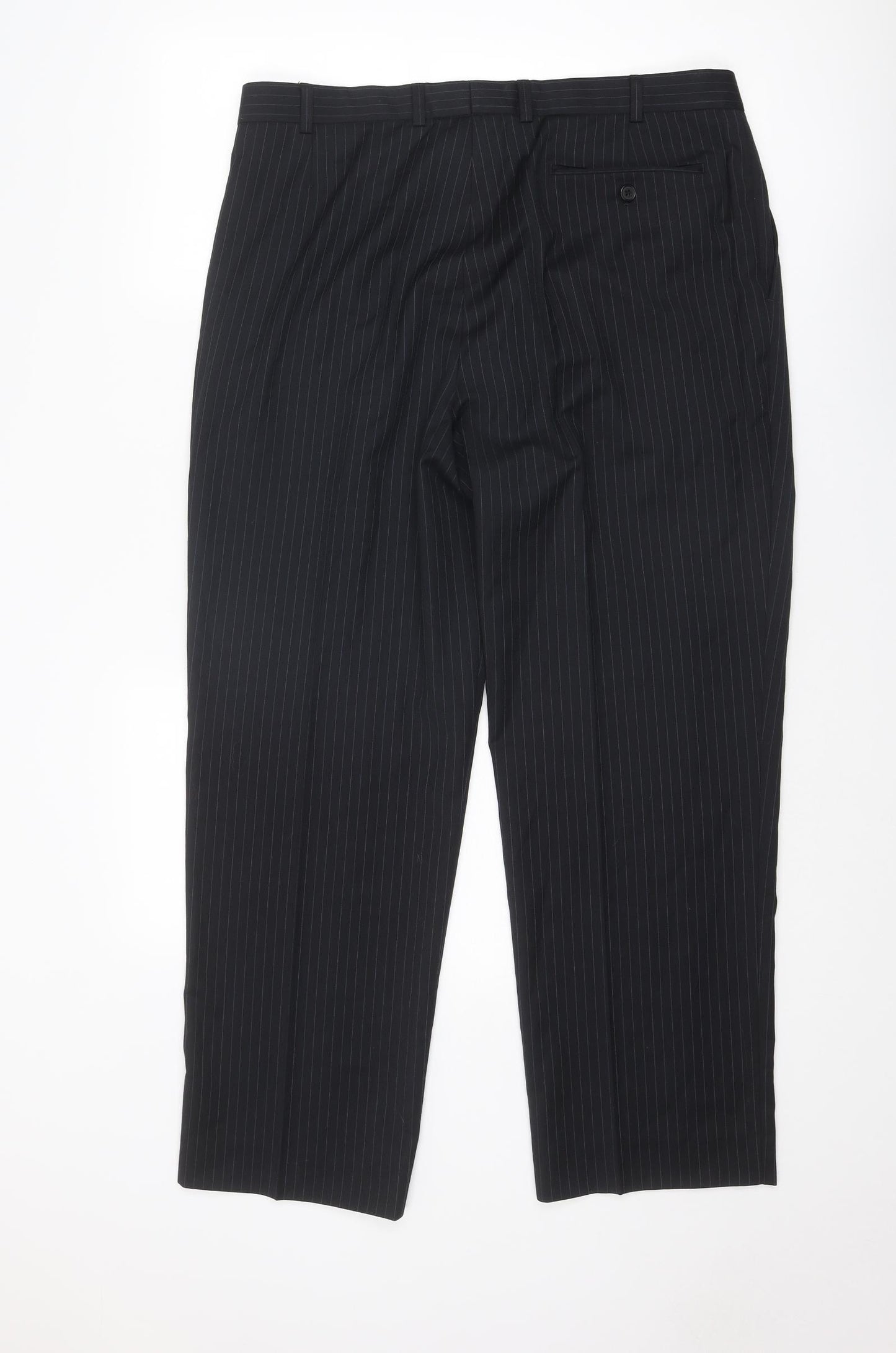 Marks and Spencer Mens Black Striped Polyester Dress Pants Trousers Size 36 in L28 in Regular Zip