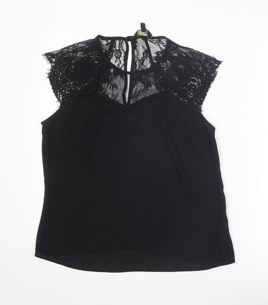 Lipsy Womens Black Polyester Basic T-Shirt Size 14 Round Neck - Lace Details