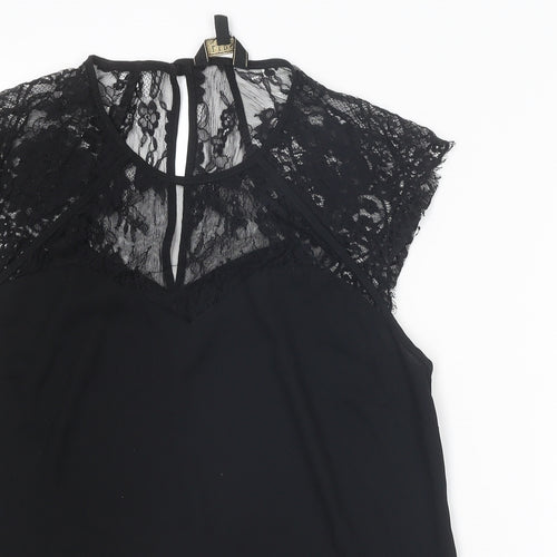 Lipsy Womens Black Polyester Basic T-Shirt Size 14 Round Neck - Lace Details